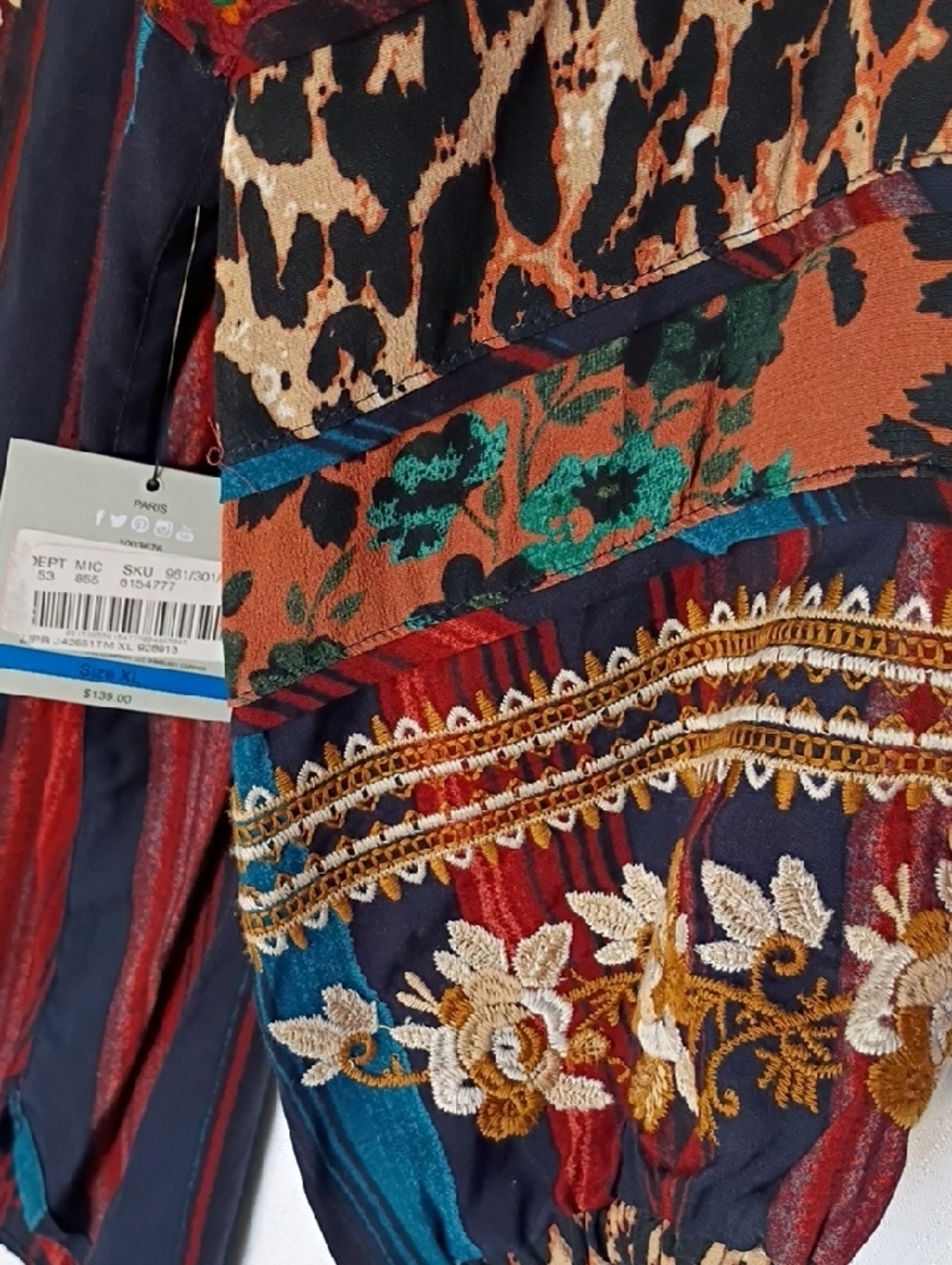 John Mark Embroidered Striped Boho Tunic in Red, Navy & Teal Size XL - Picture 11 of 13